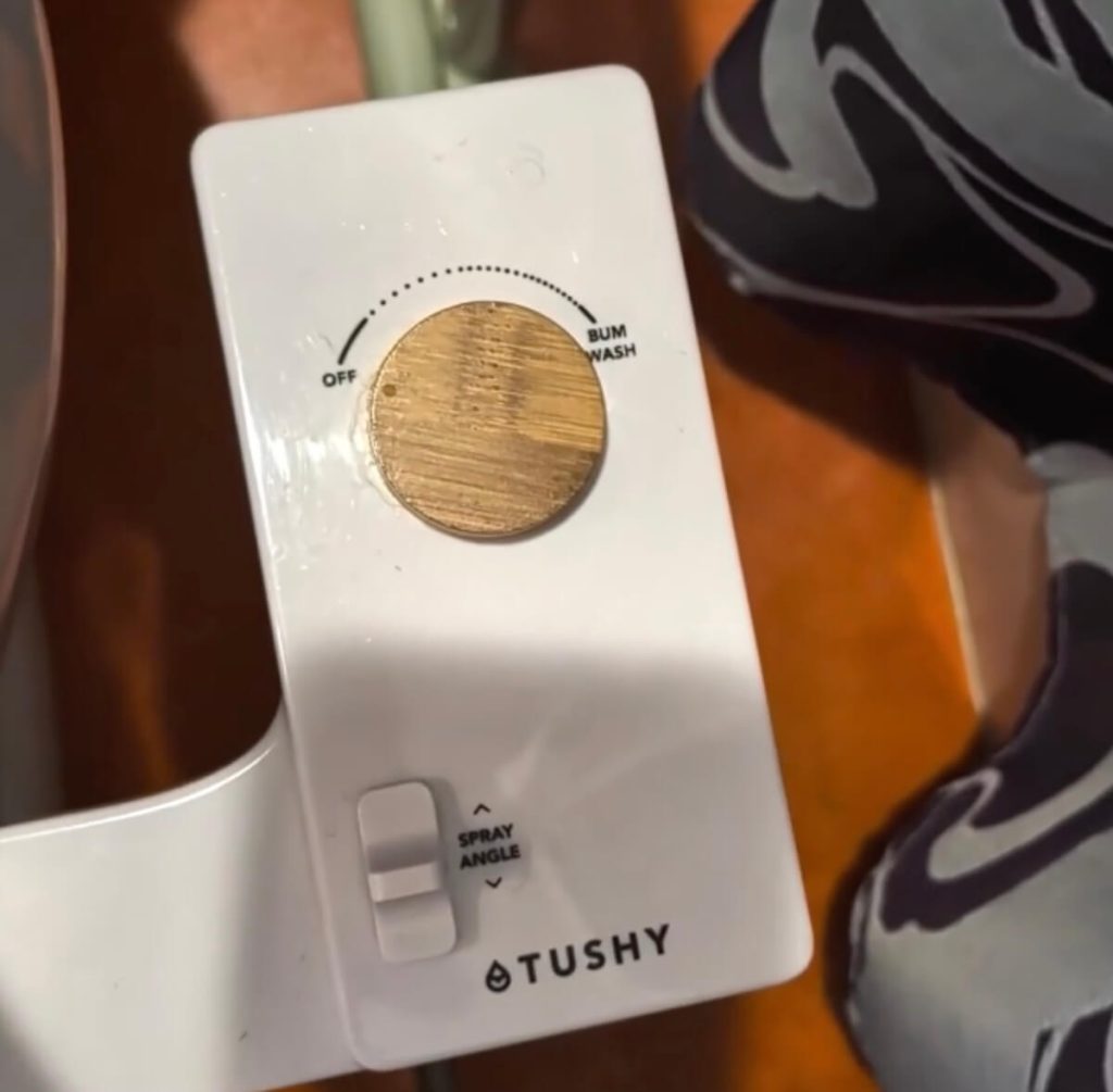 Bamboo knob and a switch on a white control panel for the bidet on the right side of the toilet